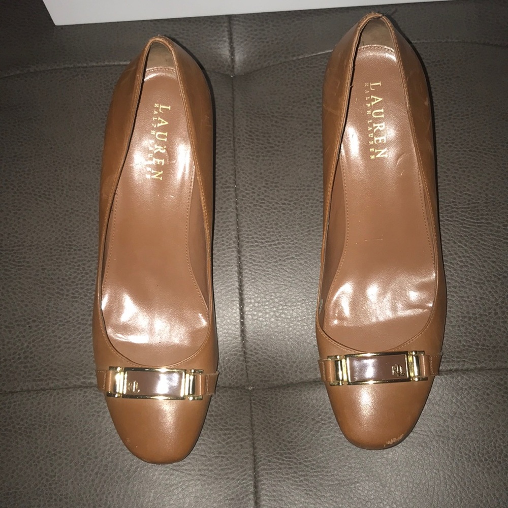 Ralph Lauren brown/gold 3in heels w/some scuffs.